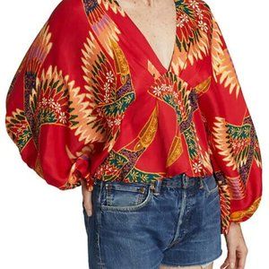 SOLD 🌷Farm Rio Red Toucan Tropical Bird Bell-Sleeve Blouse Top